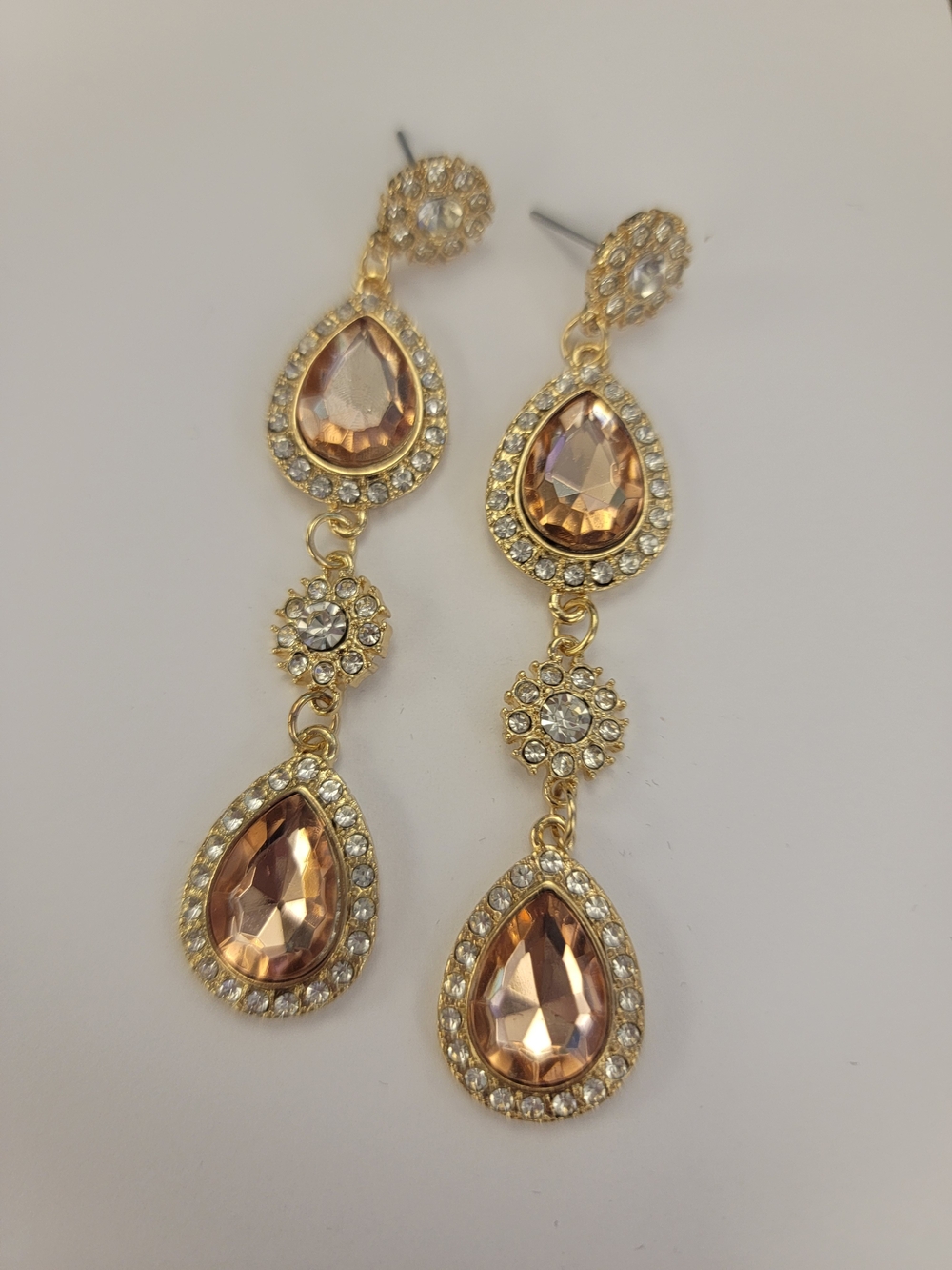 Gold-Tone Peachy Brown Teardrop Crystal Drop Earrings